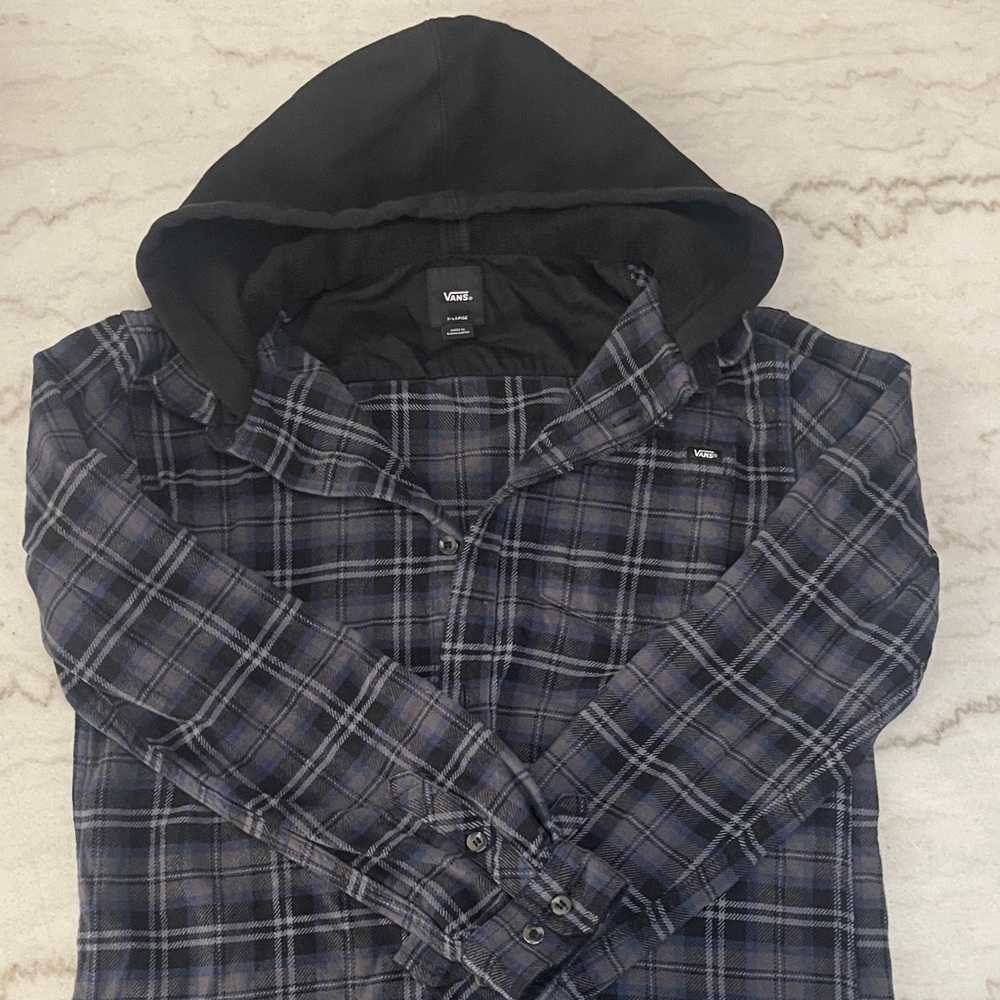 Vans Black Hooded Navy Blue Plaid Flannel Shirt